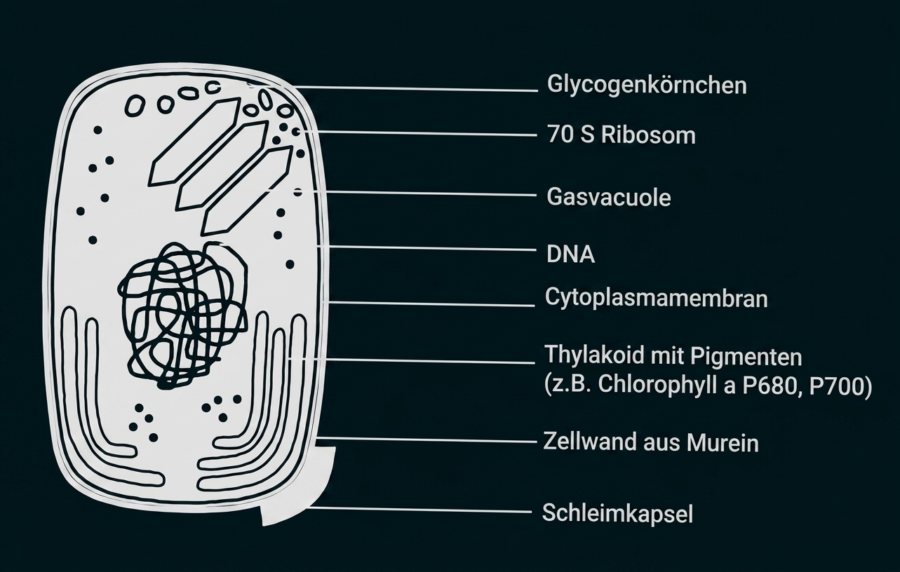 Schematische Bakterienzelle (Cyanobakterium) mit Beschriftungen von Zellwand, Membran, DNA, Ribosomen, Thylakoiden